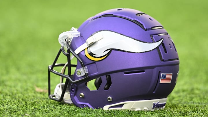 Aug 19, 2023; Minneapolis, Minnesota, USA; A Minnesota Vikings helmet sits on the turf before the