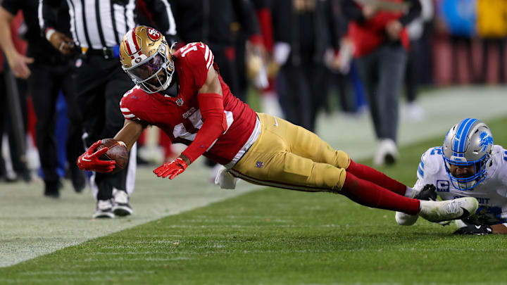Dec 30, 2024; Santa Clara, California, USA; San Francisco 49ers wide receiver Jauan Jennings (15) during the game against the Detroit Lions at Levi's Stadium. Mandatory Credit: Sergio Estrada-Imagn Images