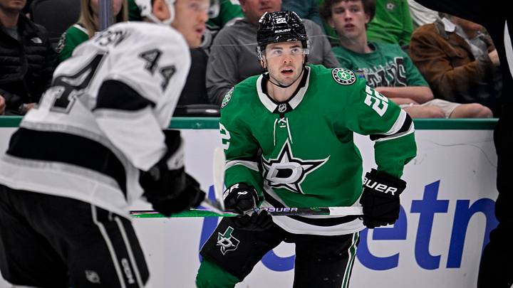 Oct 23, 2025; Dallas, Texas, USA; Dallas Stars center Mavrik Bourque (22) skates during the game between the Stars and the Kings at the American Airlines Center. Mandatory Credit: Jerome Miron-Imagn Images