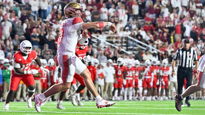 Sep 11, 2026; Chestnut Hill, Massachusetts, USA; Boston College Eagles quarterback Mason McKenzie (10) throws a pass while running during the second half against the Rutgers Scarlet Knights at Alumni Stadium. Mandatory Credit: Eric Canha-Imagn Images Sep 11, 2026; Chestnut Hill, Massachusetts, USA; Boston College Eagles quarterback Mason McKenzie (10) throws a pass while running during the second half against the Rutgers Scarlet Knights at Alumni Stadium. Mandatory Credit: Eric Canha-Imagn Images