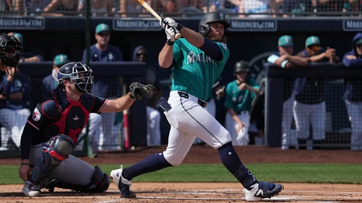 Feb 26, 2026; Peoria, Arizona, USA; Seattle Mariners second baseman Brendan Donovan (33) bats against the Cleveland Guardians in the first inning at Peoria Sports Complex. Mandatory Credit: Rick Scuteri-Imagn Images Feb 26, 2026; Peoria, Arizona, USA; Seattle Mariners second baseman Brendan Donovan (33) bats against the Cleveland Guardians in the first inning at Peoria Sports Complex. Mandatory Credit: Rick Scuteri-Imagn Images