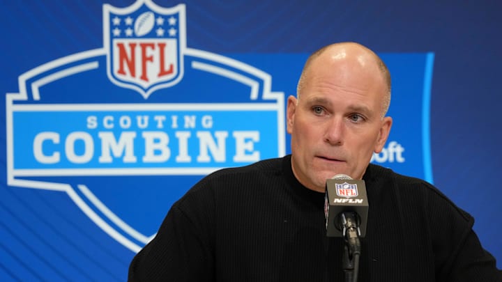 Feb 25, 2025; Indianapolis, IN, USA; Baltimore Ravens general manager Eric DeCosta speaks during the NFL Scouting Combine at the Indiana Convention Center. Mandatory Credit: Kirby Lee-Imagn Images Feb 25, 2025; Indianapolis, IN, USA; Baltimore Ravens general manager Eric DeCosta speaks during the NFL Scouting Combine at the Indiana Convention Center. Mandatory Credit: Kirby Lee-Imagn Images