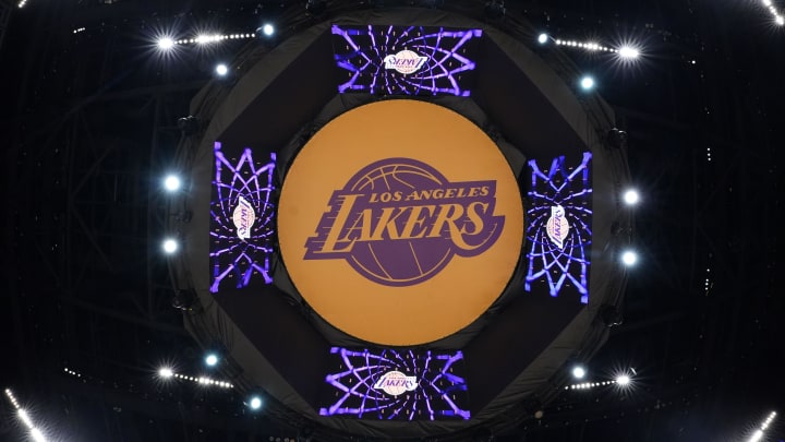 Apr 9, 2024; Los Angeles, California, USA; The Los Angeles Lakers logo on the video board at Crypto.com Arena. Mandatory Credit: Kirby Lee-USA TODAY Sports Apr 9, 2024; Los Angeles, California, USA; The Los Angeles Lakers logo on the video board at Crypto.com Arena. Mandatory Credit: Kirby Lee-USA TODAY Sports