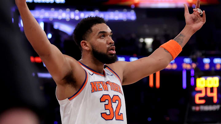 May 16, 2025; New York, New York, USA; New York Knicks center Karl-Anthony Towns (32) reacts during the second quarter of game six in the second round of the 2025 NBA Playoffs against the Boston Celtics at Madison Square Garden. Mandatory Credit: Brad Penner-Imagn Images
