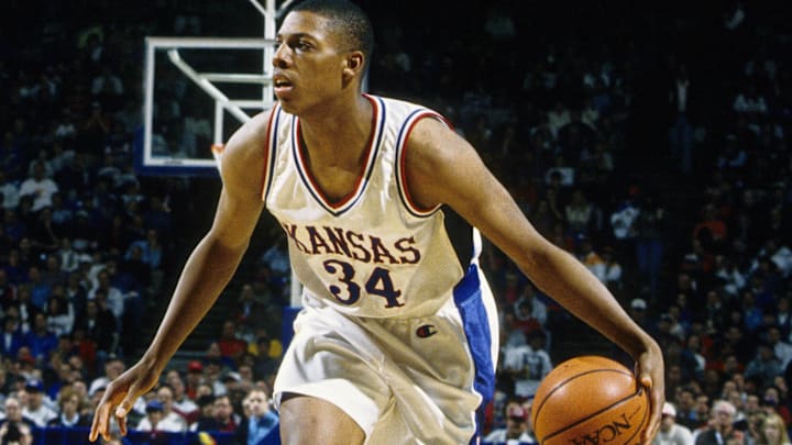 Mar 10, 1996; Kansas City, MO, USA; FILE PHOTO; Kansas Jayhawks guard Paul Pierce (34) in action against the Iowa State Cyclones during the 1996 Big 12 Conference Tournament at Kemper Arena. Mandatory Credit: Imagn Images