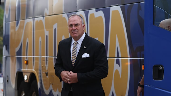 Sep 6, 2025; Pittsburgh, Pennsylvania, USA;  Pittsburgh Panthers head coach Pat Narduzzi arrives at the stadium before the game against the Central Michigan Chippewas at Acrisure Stadium. Mandatory Credit: Charles LeClaire-Imagn Images