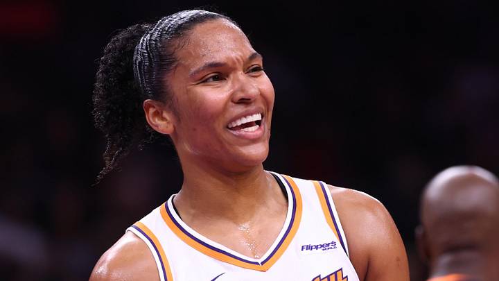 Aug 28, 2025; Phoenix, Arizona, USA; Phoenix Mercury forward Alyssa Thomas (25) reacts against the Chicago Sky at Phx Arena. Mandatory Credit: Mark J. Rebilas-Imagn Images