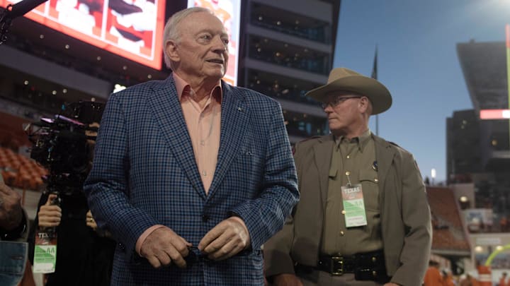 Dallas Cowboys owner and general manager Jerry Jones attends the Big 12 football game between Texas Tech and Texas, Friday, Nov. 24, 2023, at Darrell K. Royal-Texas Memorial Stadium.