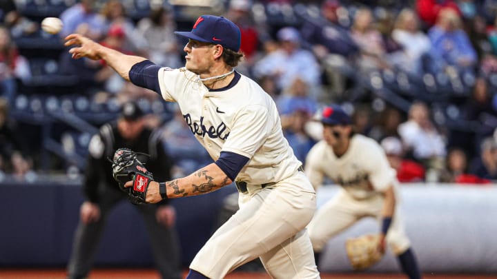 Ole Miss Rebels RHP Riley Maddox throws a pitch on Friday night against the visiting Kentucky Wildcats.