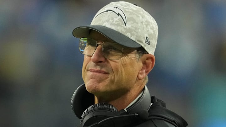 Nov 17, 2024; Inglewood, California, USA; Los Angeles Chargers coach Jim Harbaugh reacts against the Cincinnati Bengals in the second half at SoFi Stadium. Mandatory Credit: Kirby Lee-Imagn Images