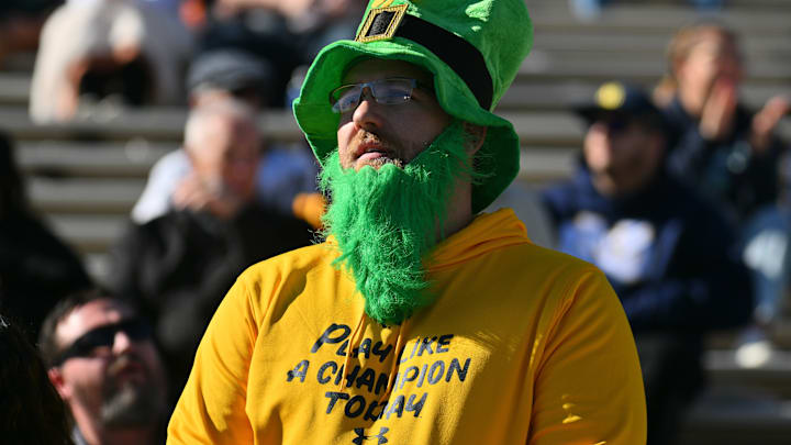Notre Dame football fan looks on