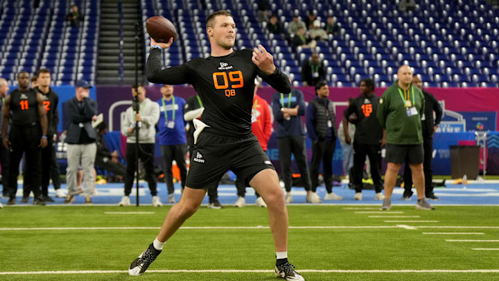 Syracuse quarterback Kyle McCord during the 2025 NFL Combine at Lucas Oil Stadium.