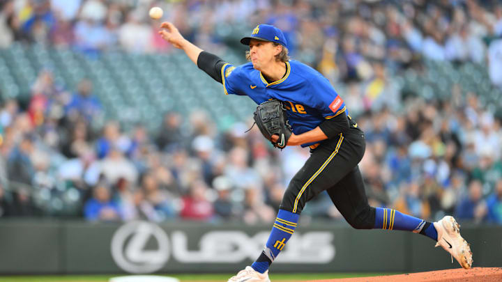 Seattle Mariners pitcher Logan Gilbert throws during a game against the Miami Marlins on April 25 at T-Mobile Park.
