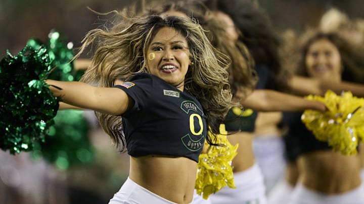 Nov 14, 2025; Eugene, Oregon, USA; The Oregon Ducks cheerleaders perform during the second half in a game between the Oregon Ducks and the Minnesota Golden Gophers at Autzen Stadium. Mandatory Credit: Troy Wayrynen-Imagn Images