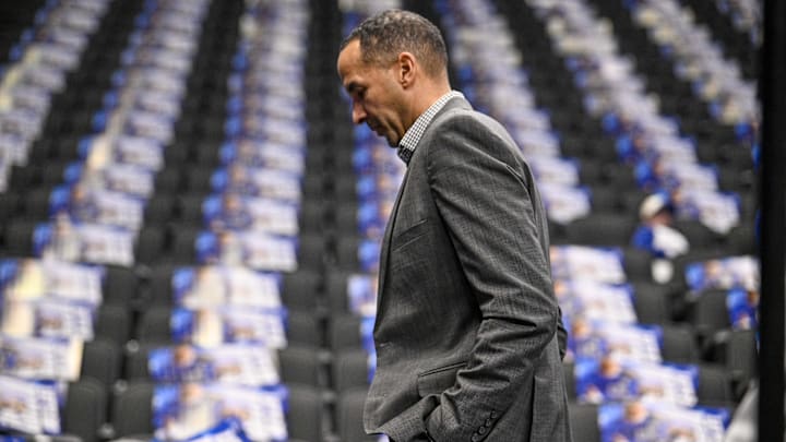 Feb 10, 2025; Dallas, Texas, USA; Dallas Mavericks general manager Nico Harrison walks off the court before the game between the Dallas and the Sacramento Kings at the American Airlines Center. Mandatory Credit: Jerome Miron-Imagn Images