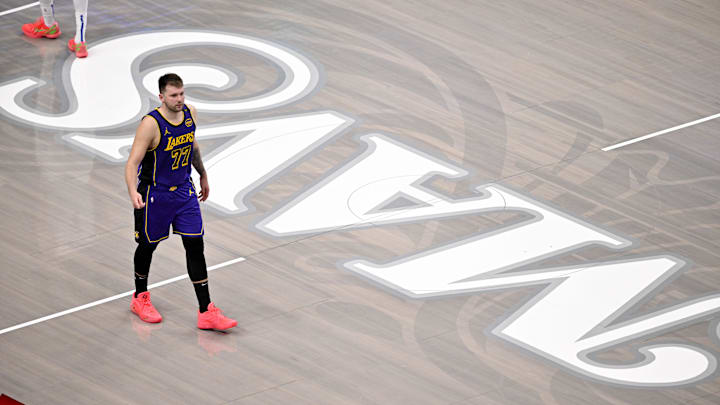 Apr 9, 2025; Dallas, Texas, USA; Los Angeles Lakers guard Luka Doncic (77) during the game between the Dallas Mavericks and the Los Angeles Lakers at American Airlines Center. Mandatory Credit: Jerome Miron-Imagn Images