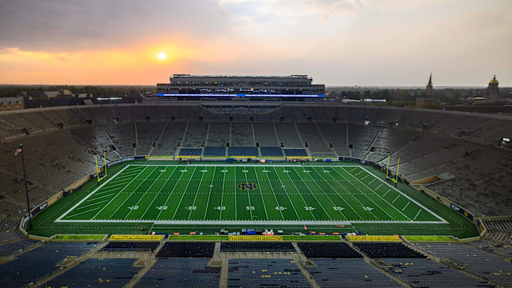 Oct 12, 2024; South Bend, Indiana, USA; Notre Dame Stadium is empty during a weather delay in the game between the Notre Dame Fighting Irish and the Stanford Cardinal. Oct 12, 2024; South Bend, Indiana, USA; Notre Dame Stadium is empty during a weather delay in the game between the Notre Dame Fighting Irish and the Stanford Cardinal.