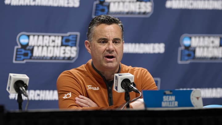 Texas Longhorns head coach Sean Miller answers questions during a press conference before a practice session ahead of the first round of the men's 2026 NCAA Tournament at Moda Center. 