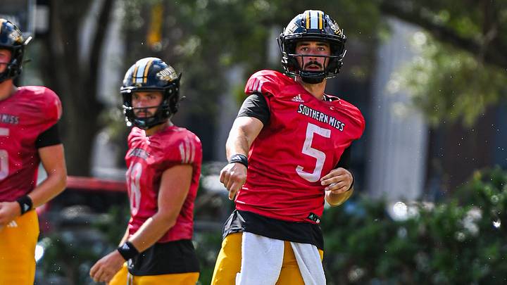 Southern Miss quarterback Ethan Hampton making a throw in a fall camp practice. Southern Miss quarterback Ethan Hampton making a throw in a fall camp practice.