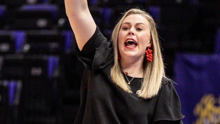 Mar 17, 2023; Baton Rouge, LA, USA;  UNLV Lady Rebels head coach Lindy La Rocque gives direction against the Michigan Wolverines during the first half at Pete Maravich Assembly Center. Mandatory Credit: Stephen Lew-Imagn Images