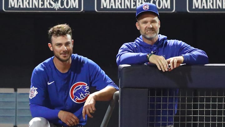 Kris Bryant when he was with Chicago Cubs with manager David Ross