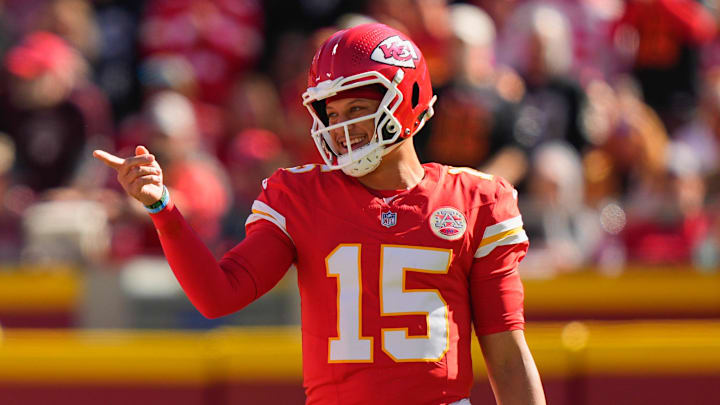 Oct 19, 2025; Kansas City, Missouri, USA; Kansas City Chiefs quarterback Patrick Mahomes (15) gestures during the first half of the game against the Las Vegas Raiders at GEHA Field at Arrowhead Stadium. Mandatory Credit: Jay Biggerstaff-Imagn Images Oct 19, 2025; Kansas City, Missouri, USA; Kansas City Chiefs quarterback Patrick Mahomes (15) gestures during the first half of the game against the Las Vegas Raiders at GEHA Field at Arrowhead Stadium. Mandatory Credit: Jay Biggerstaff-Imagn Images