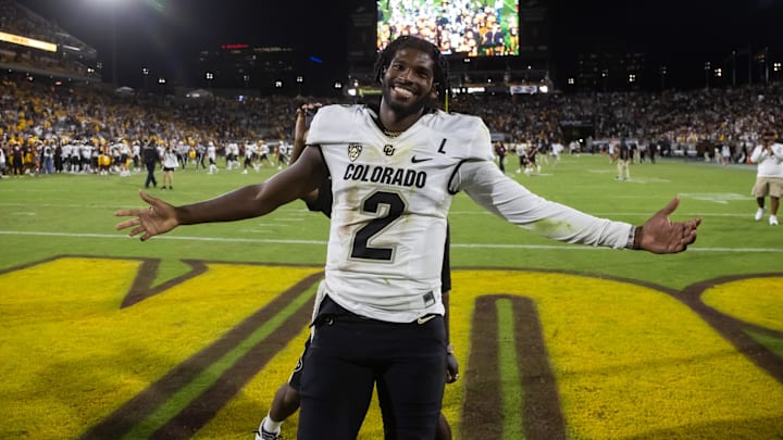 Oct 7, 2023; Tempe, Arizona, USA; Colorado Buffaloes quarterback Shedeur Sanders (2) celebrates
