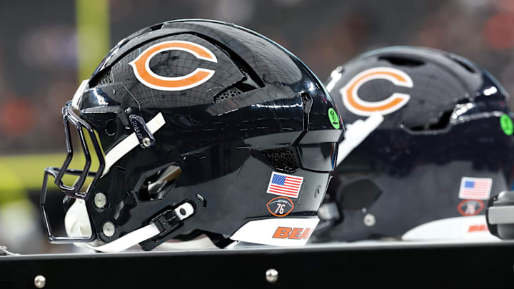 Sep 28, 2025; Paradise, Nevada, USA; A general view of Chicago Bears helmets before the start of the game against Las Vegas Raiders at Allegiant Stadium. Mandatory Credit: Kiyoshi Mio-Imagn Images