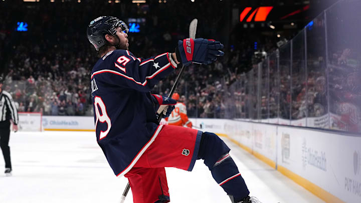 Blue Jackets center Adam Fantilli celebrates his overtime game winner against the Ducks last night. Blue Jackets center Adam Fantilli celebrates his overtime game winner against the Ducks last night.