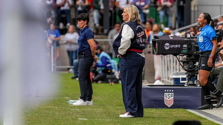 Emma Hayes watches from the sidelines during the USWNT's 2-0 loss to Spain.