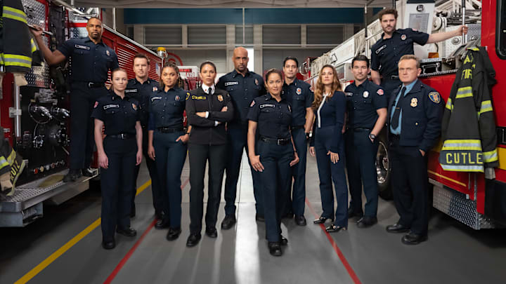STATION 19 - ABC's "Station 19" stars Jason George as Ben Warren, Danielle Savre as Maya Bishop, Josh Randall as Captain Sean Beckett, Barrett Doss as Victoria Hughes, Merle Dandridge as Fire Chief Natasha Ross, Boris Kodjoe as Captain Robert Sullivan, Jaina Lee Ortiz as Andy Herrera, Carlos Miranda as Theo Ruiz, Stefania Spampinato as Dr. Carina DeLuca, Jay Hayden as Travis Montgomery, Grey Damon as Jack Gibson, and Pat Healy as Michael Dixon. (ABC/James Clark)