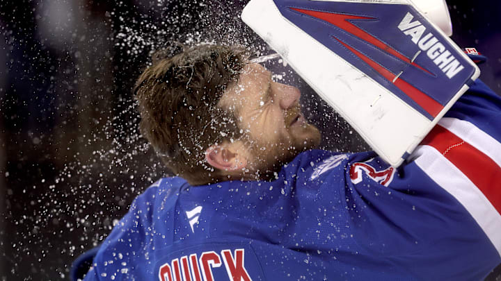 Jan 12, 2026; New York, New York, USA; New York Rangers goaltender Jonathan Quick (32) sprays water on his face before the start of the first period against the Seattle Kraken at Madison Square Garden. Mandatory Credit: Brad Penner-Imagn Images Jan 12, 2026; New York, New York, USA; New York Rangers goaltender Jonathan Quick (32) sprays water on his face before the start of the first period against the Seattle Kraken at Madison Square Garden. Mandatory Credit: Brad Penner-Imagn Images
