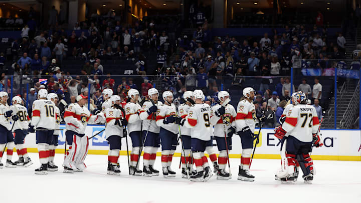Apr 30, 2025; Tampa, Florida, USA; Florida Panthers goaltender Sergei Bobrovsky (72) and teammates celebrate after they best the Tampa Bay Lightning during game five of the first round of the 2025 Stanley Cup Playoffs at Amalie Arena. Mandatory Credit: Kim Klement Neitzel-Imagn Images