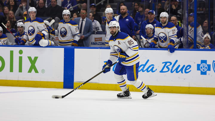 Feb 28, 2026; Tampa, Florida, USA; Buffalo Sabres forward Alex Tuch (89) handles the puck against the Tampa Bay Lightning during the second period at Benchmark International Arena. Mandatory Credit: Morgan Tencza-Imagn Images