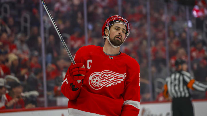 Dec 7, 2023; Detroit, Michigan, USA; Detroit Red Wings center Dylan Larkin (71) looks on during the