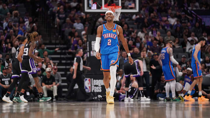 Mar 25, 2025; Sacramento, California, USA; Oklahoma City Thunder guard Shai Gilgeous-Alexander (2) walks on the court after a play against the Sacramento Kings in the third quarter at the Golden 1 Center. Mandatory Credit: Cary Edmondson-Imagn Images