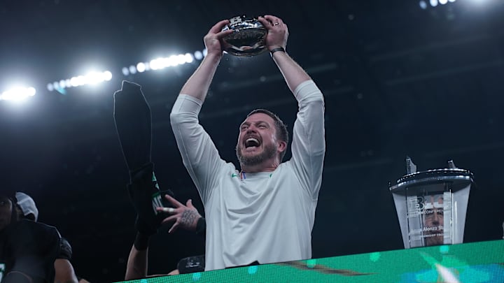 Dec 7, 2024; Indianapolis, IN, USA; Oregon Ducks head coach Dan Lanning celebrates defeating the Penn State Nittany Lions to win the Big Ten Championship in the 2024 Big Ten Championship game at Lucas Oil Stadium.