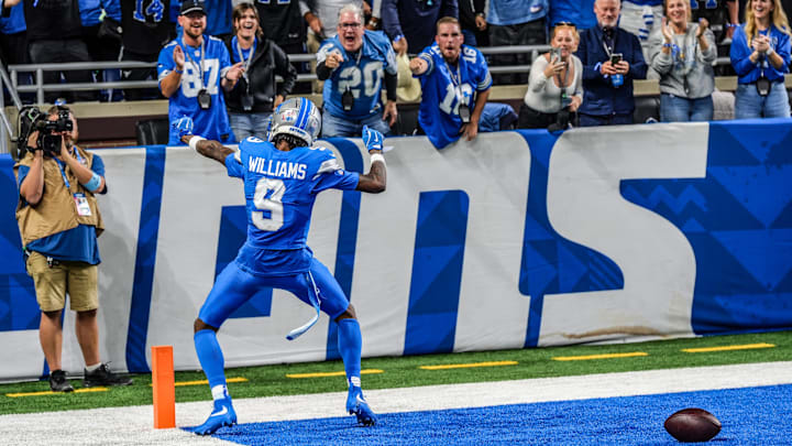 Detroit Lions wide receiver Jameson Williams (9) celebrates a touchdown in the second half of the Detroit Lions season opener against the Los Angeles Rams at Ford Field in Detroit, on Sunday, Sept. 8. 2024.