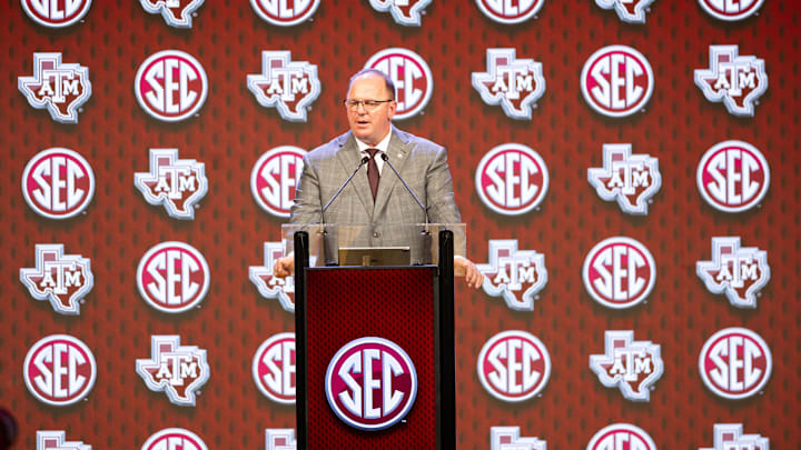 Jul 18, 2024; Dallas, TX, USA; Texas A&M head coach Mike Elko speaking at Omni Dallas Hotel. Mandatory Credit: Brett Patzke-USA TODAY Sports