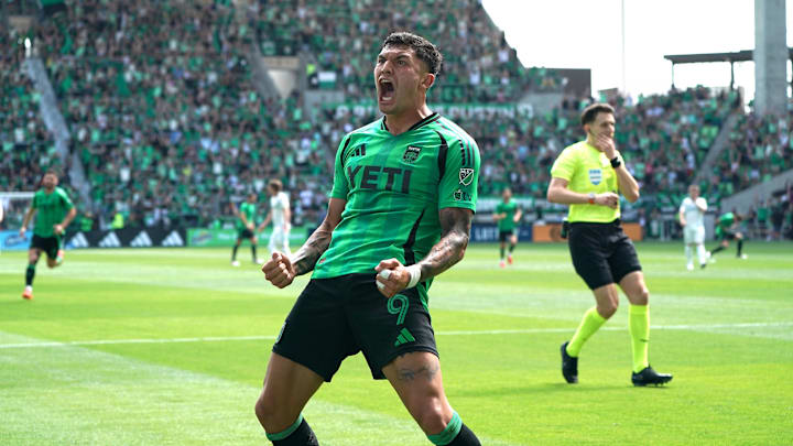  Austin FC forward Brandon Vazquez (9) celebrates after scoring a goal during the first half against San Diego FC at Q2 Stadium 