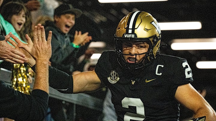 Vanderbilt Commodores quarterback Diego Pavia (2) celebrates with the fans after scoring a touchdown against South Carolina Gamecocks during the third quarter at FirstBank Stadium in Nashville, Tenn., Saturday, Nov. 9, 2024.