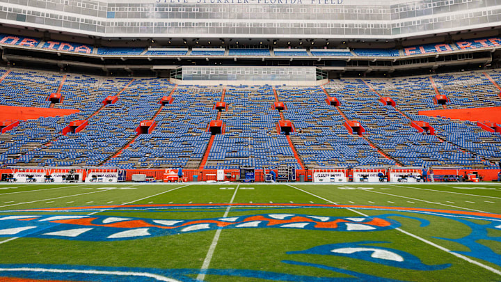 Nov 29, 2025; Gainesville, Florida, USA; A view of the football from the 50-yard line before a game between the Florida Gators and Florida State Seminoles at Ben Hill Griffin Stadium. Mandatory Credit: Matt Pendleton-Imagn Images
