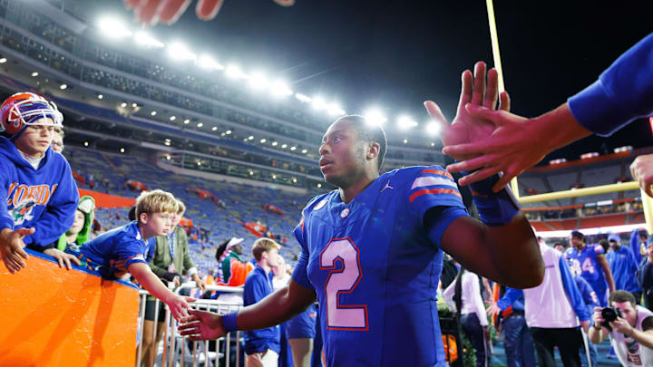 Nov 29, 2025; Gainesville, Florida, USA; Florida Gators quarterback DJ Lagway (2) leaves the field after a game against the Florida State Seminoles at Ben Hill Griffin Stadium. Mandatory Credit: Matt Pendleton-Imagn Images