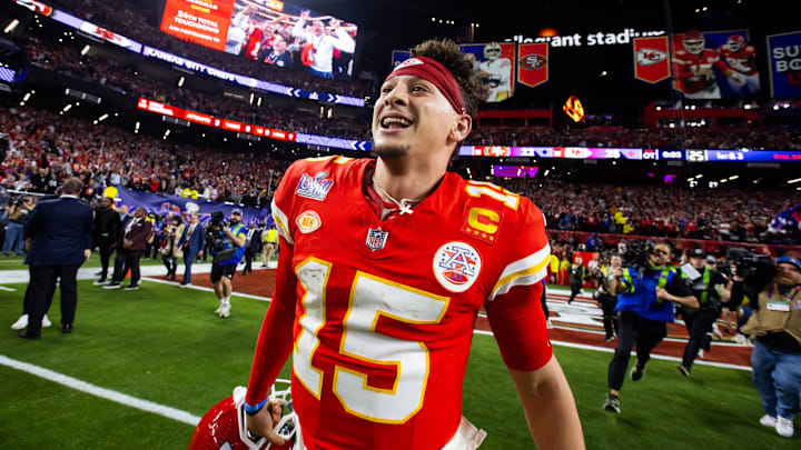 Feb 11, 2024; Paradise, Nevada, USA; Kansas City Chiefs quarterback Patrick Mahomes (15) celebrates
