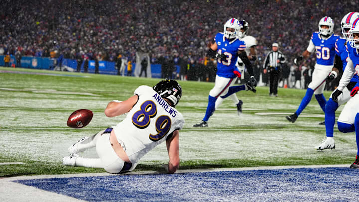 Jan 19, 2025; Orchard Park, New York, USA; Baltimore Ravens tight end Mark Andrews (89) drops a pass on a two-point conversion late in the fourth quarter against the Buffalo Bills in a 2025 AFC divisional round game at Highmark Stadium. Mandatory Credit: Gregory Fisher-Imagn Images