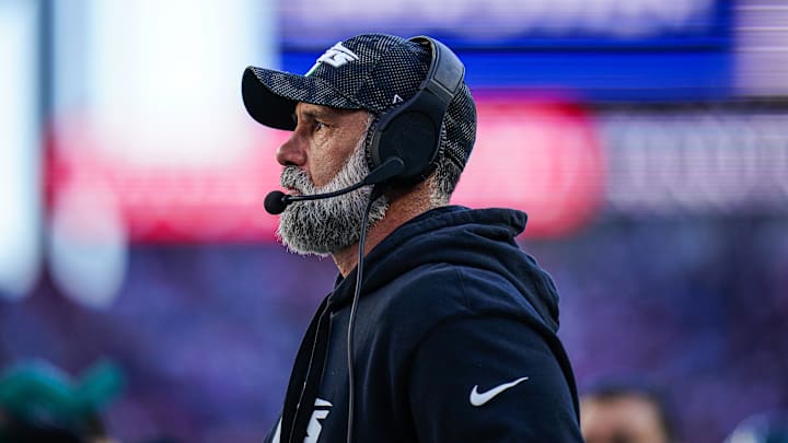 Oct 27, 2024; Foxborough, Massachusetts, USA; New York Jets interim head coach Jeff Ulbrich watches from the sideline as they take on the New England Patriots at Gillette Stadium.