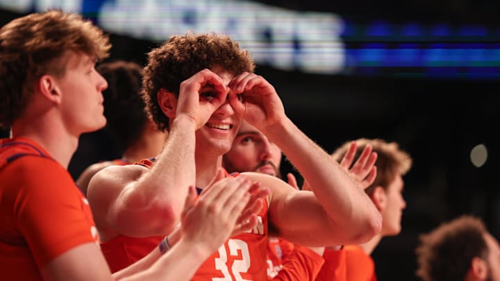 Jan 14, 2025; Atlanta, Georgia, USA; Clemson Tigers forward Daniel Nauseef (32) celebrates the play against the Georgia Tech Yellow Jackets during the second half at McCamish Pavilion. Mandatory Credit: Jordan Godfree-Imagn Images