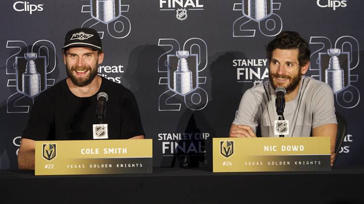 Jun 3, 2026; Raleigh, North Carolina, USA; Vegas Golden Knights right wing Cole Smith (22) and center Nic Dowd (26) during a press conference for the 2026 Stanley Cup Final at Lenovo Center. Mandatory Credit: Nathan Ray Seebeck-Imagn Images