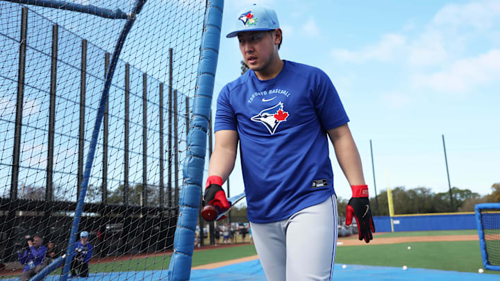 Feb 16, 2026; Dunedin, FL, USA; Toronto Blue Jays infielder Kazuma Okamoto (7) works out during spring training practice at Player Development Complex. Mandatory Credit: Kim Klement Neitzel-Imagn Images