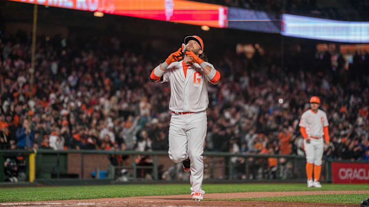 Apr 11, 2023; San Francisco, California, USA; San Francisco Giants shortstop Brandon Crawford (35) celebrates after hitting a solo home run during the eighth inning against the Los Angeles Dodgers at Oracle Park. Mandatory Credit: Neville E. Guard-USA TODAY Sports